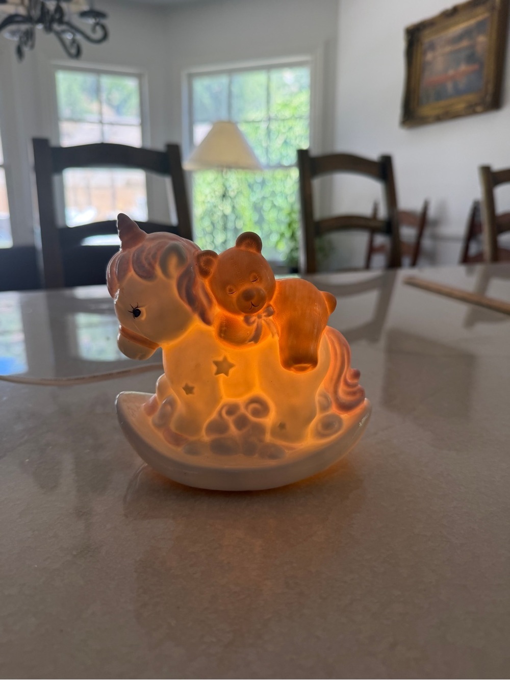 Enesco White Ceramic Unicorn Rocking Horse Night Light with Bear